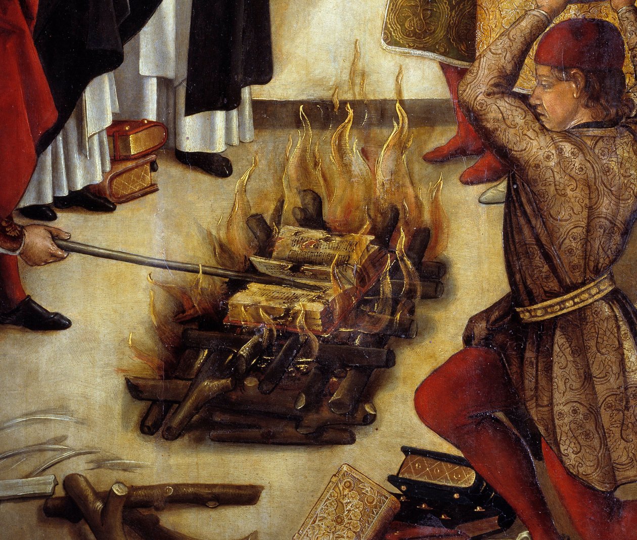 A „” Saint Dominique et les Albigeois” (Le Miracle des Fanjeaux) részlete: a szent átadja az albigeoisoknak az eretnekségüket cáfoló könyvet, az albigeoiak pedig megpróbálják elégetni, sikertelenül. Pedro Berruguete (1450-1504) festménye. 16. század V. 1,2 alkotó: Pedro Berruguete