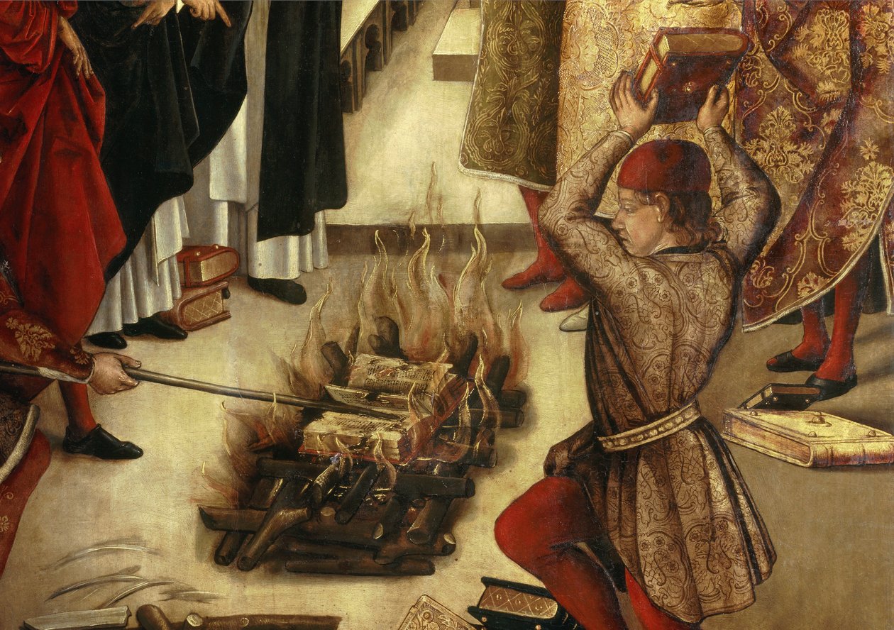 A „” Saint Dominique et les Albigeois” (Le Miracle des Fanjeaux) részlete: a szent átadja az albigeoisoknak az eretnekségüket cáfoló könyvet, az albigeoiak pedig megpróbálják elégetni, sikertelenül. Részlet. Pedro Berruguete (1450-1504) festménye. 16. száz alkotó: Pedro Berruguete