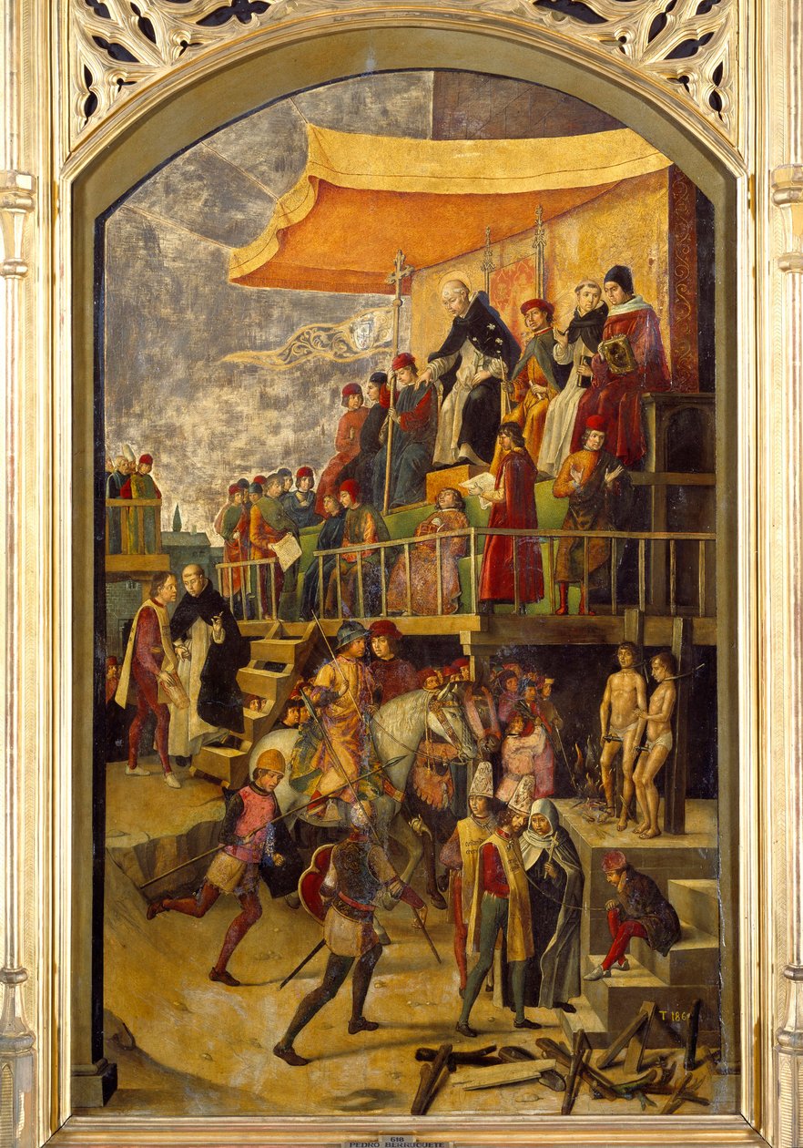 Inkvizíció „Az Autodafe Saint Dominica de Guzman (1170-1221), a dominikai rend alapítója elnököl”” Pedro Berruguete (1450-1504) festménye fára 1495 V. 1,54x0,92 m Madrid, Musee du Prado alkotó: Pedro Berruguete