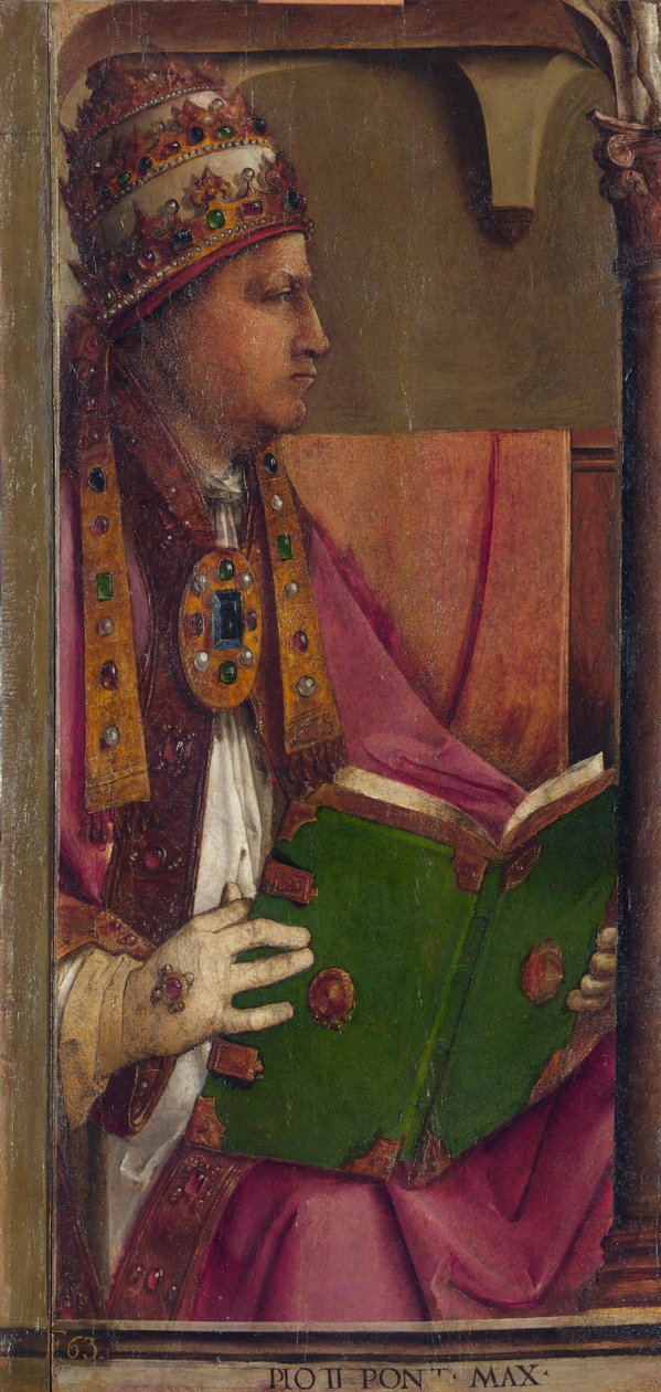 PIE II – II. Pius pápa par Berruguete, Pedro (1450-1503). Olaj, fa, méret: 116x52, c. 1473-1475, Marche Nemzeti Galériája, Urbino alkotó: Pedro Berruguete