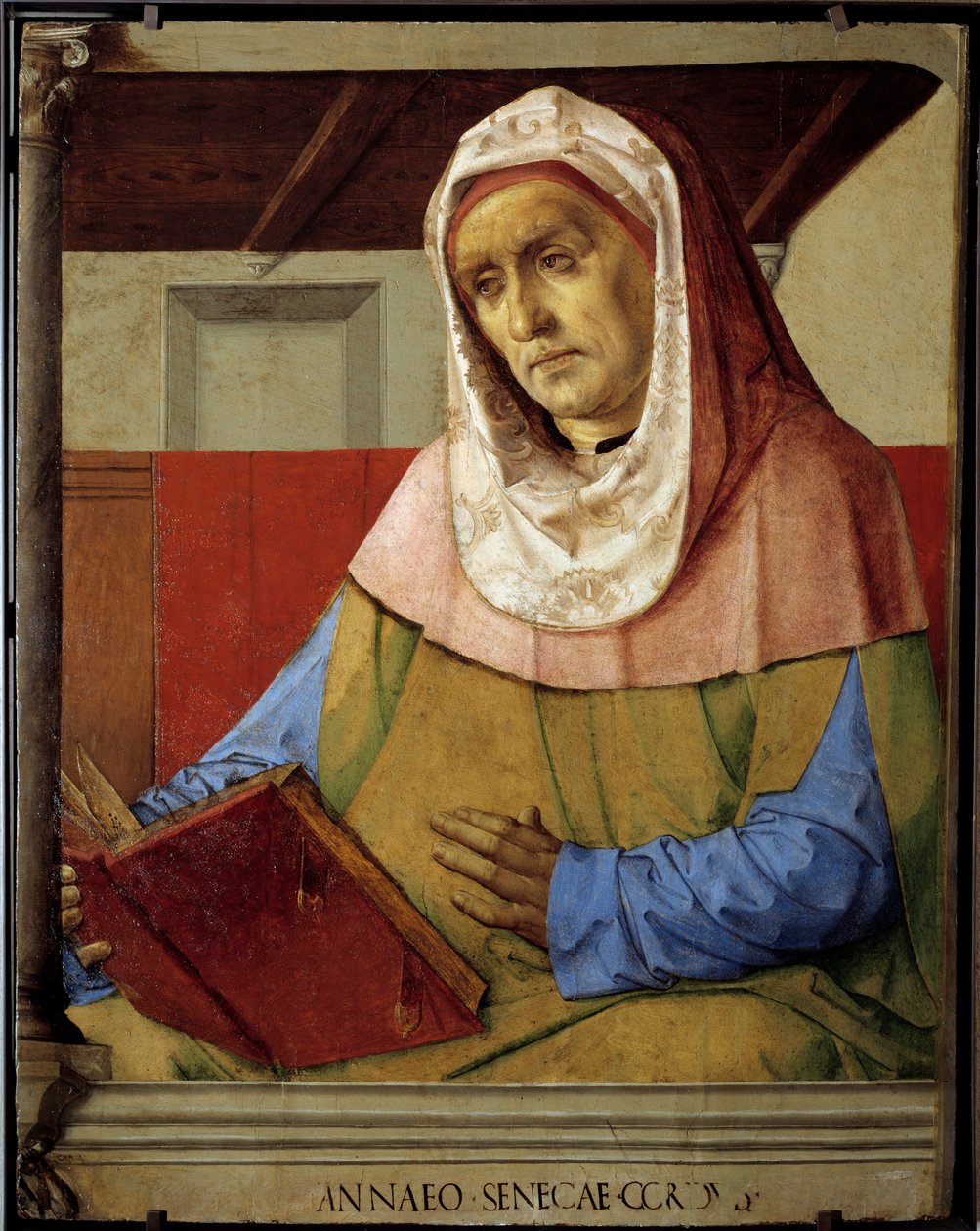 Seneque (Lucius Annaeus Seneca, Kr. e. 4-65 JC), a sztoikus iskola filozófusa, drámaíró és római államférfi portréja. Pedro Berruguete festménye (körülbelül 1450-1500 előtt) és a Just From Gent (1435-1480) Ec. Nagyzolás alkotó: Pedro Berruguete