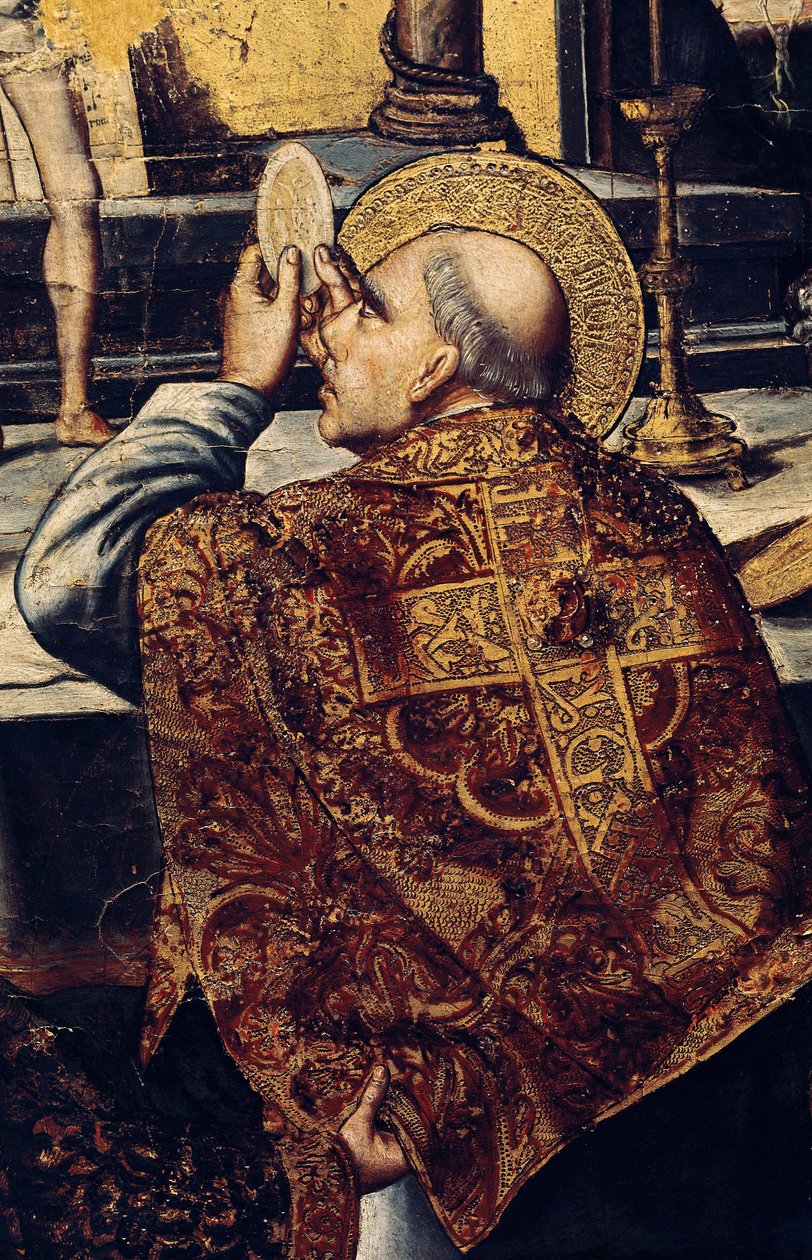 Az Eucharisztia (A szent feltámad, Krisztus testének keresztény jelképe). Részlet I. Gergely miséjének oltárképéről, akit a Nagy vagy Párbeszéd (540-604) pápának neveznek 590-ben. Pedro BERRUGUETE (1450-1504) festménye. Reneszánsz festészet, katal alkotó: Pedro Berruguete