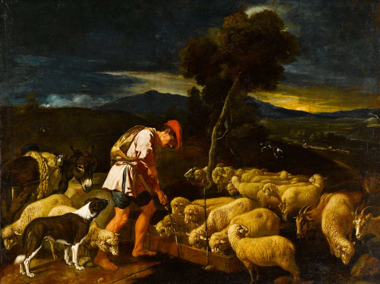 Jákob, aki Lábán juhait itatja a hámozott ágak előtt, 1612-1622 alkotó: Pedro Orrente