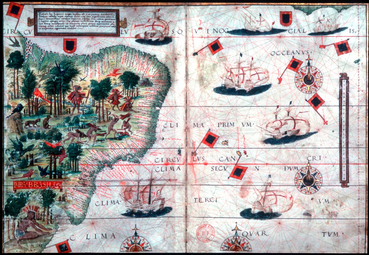 Brazília térképe, Pedro Reinel és Lopo Homen portugál navigátorok, c1525. alkotó: Pedro Reinel