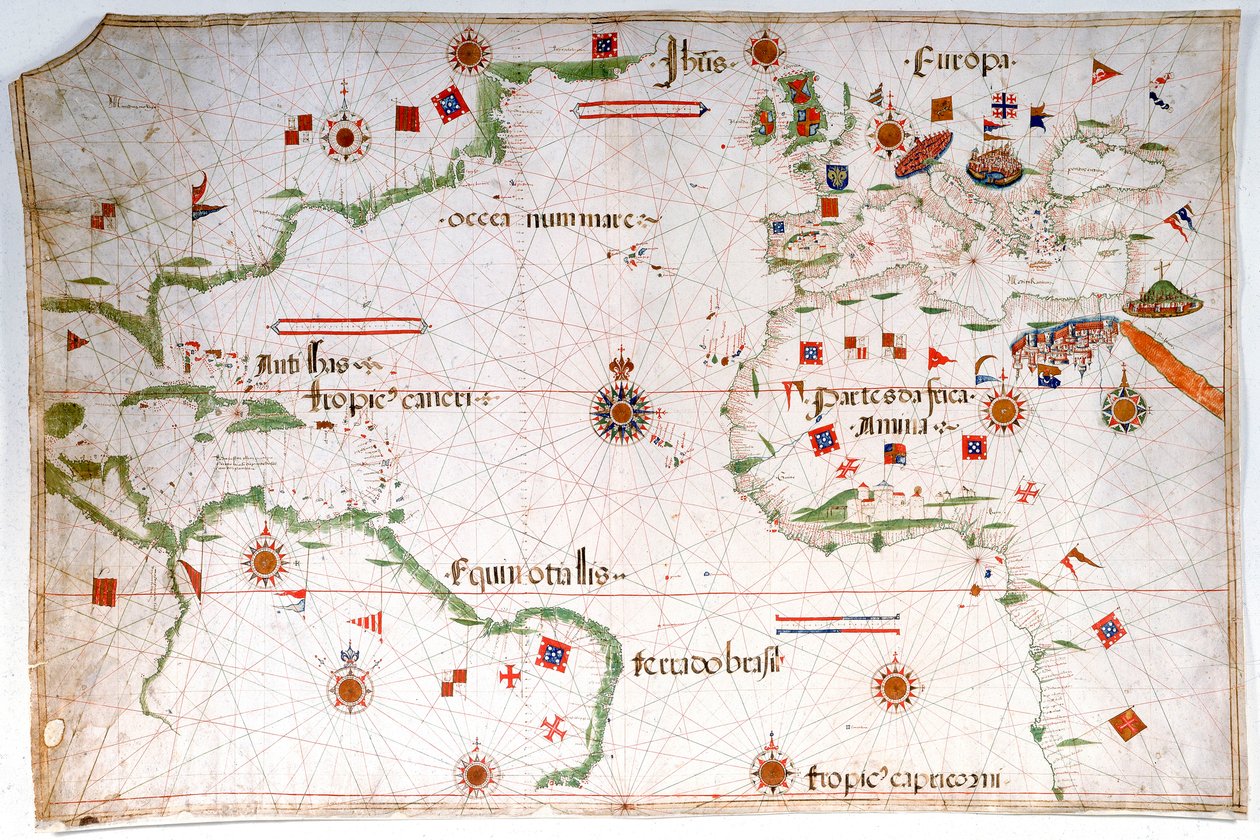 Az Atlanti-óceán, a Földközi-tenger és a Fekete-tenger Portulán-térképe, 1535 körül (pergamen, papír) alkotó: Pedro Reinel