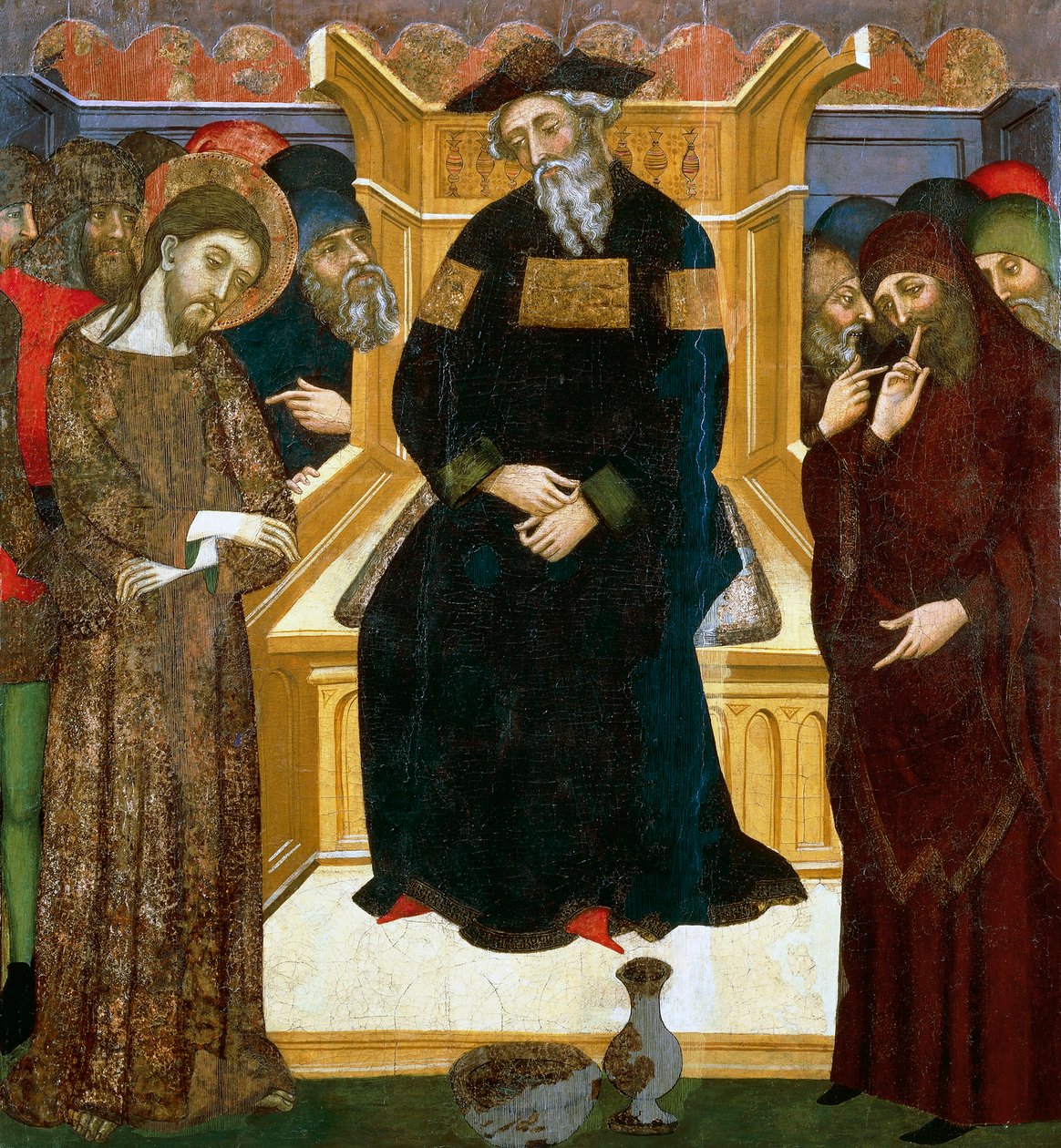 Krisztus Pilátus előtt, Pedro Serra vagy Pere Serra (aktív 1363 és 1399 között), festménye fára. alkotó: Pedro Serra