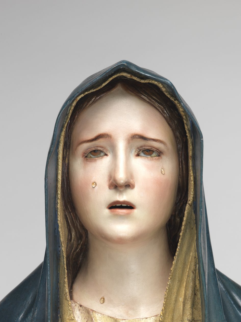 Szomorú Szűz Mater Dolorosa (polikróm fa, üveg és állatszőr) alkotó: Pedro de Mena