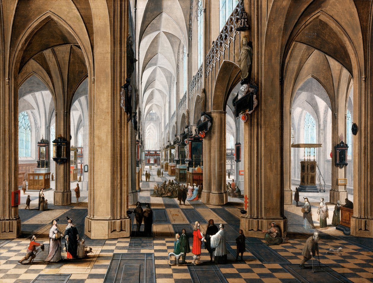 A templom belseje elegáns figurákkal sétál, és misén részt vevő alakokkal alkotó: Peeter the elder Neefs