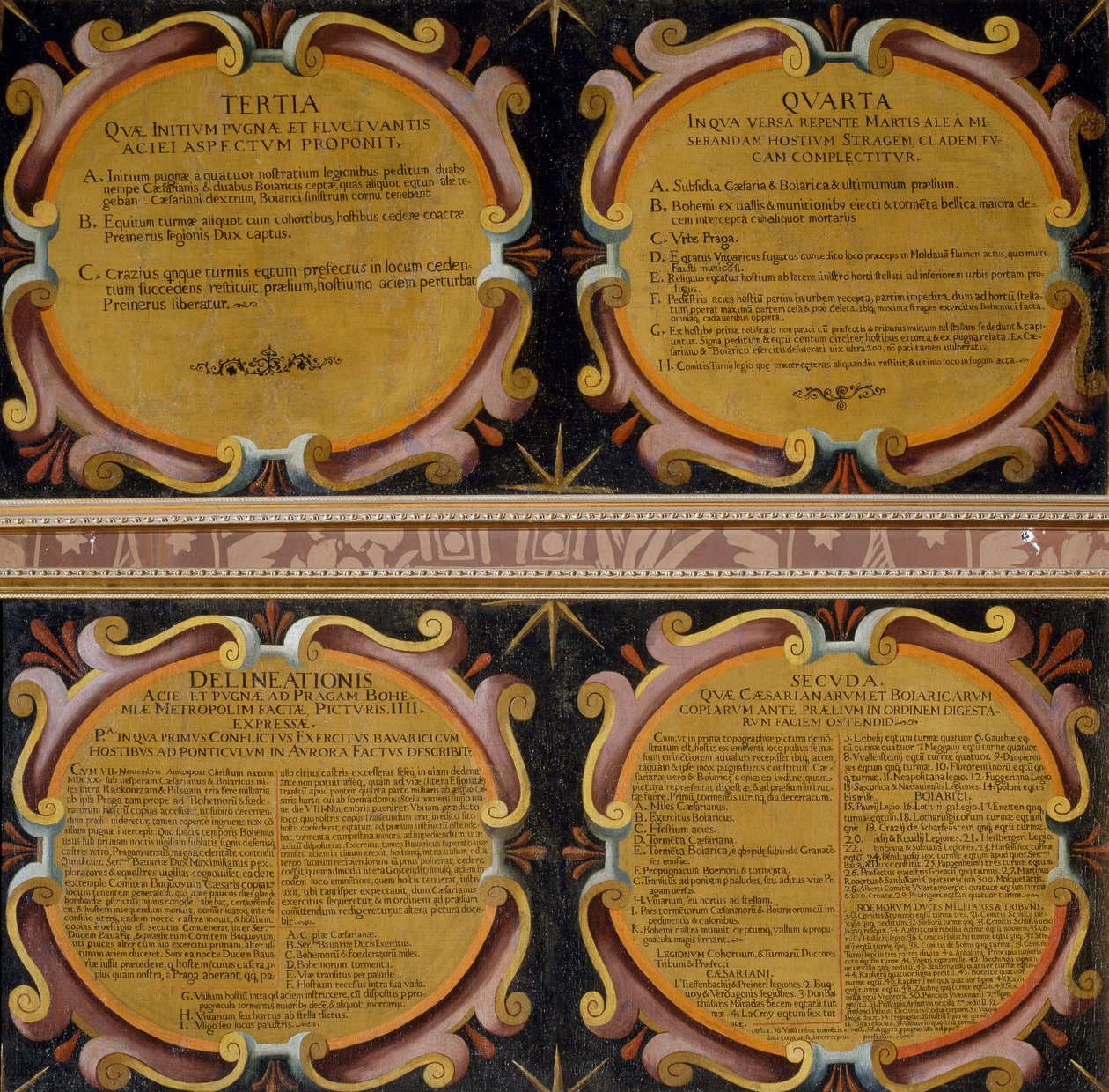 Feliratok négy, a római Santa Maria della Vittoriában őrzött, Pieter Snayers (1592-1667) 1620. november 7-8. között vívott fehérhegyi csatáról készült festményről alkotó: Peeter Snayers
