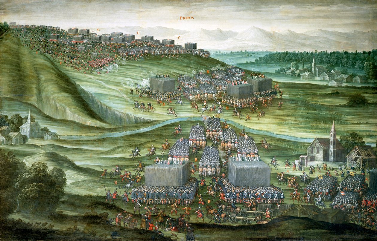 Csapatok bevetése a fehérhegyi fehérhegyi csata első szakaszában 1620. november 7-8-án, Pieter Snayers (1592-1667) festménye a római Santa Maria della Vittoria templomban őrzött alkotó: Peeter Snayers