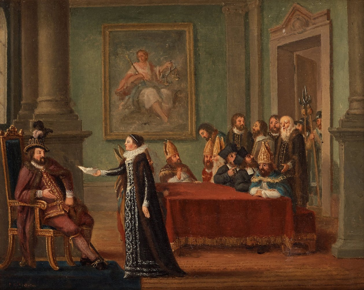 Christine Gyllenstierna (1494-1559) a biztonságos magatartásról szóló levéllel, II. Christian dán király előtt (1481-1559) - Christina Gyllenstierna a Hillestroem, Pehr (1732-1816) levelével a II. Christian előtt. Olaj, vászon, méret: 42 alkotó: Pehr Hilleström