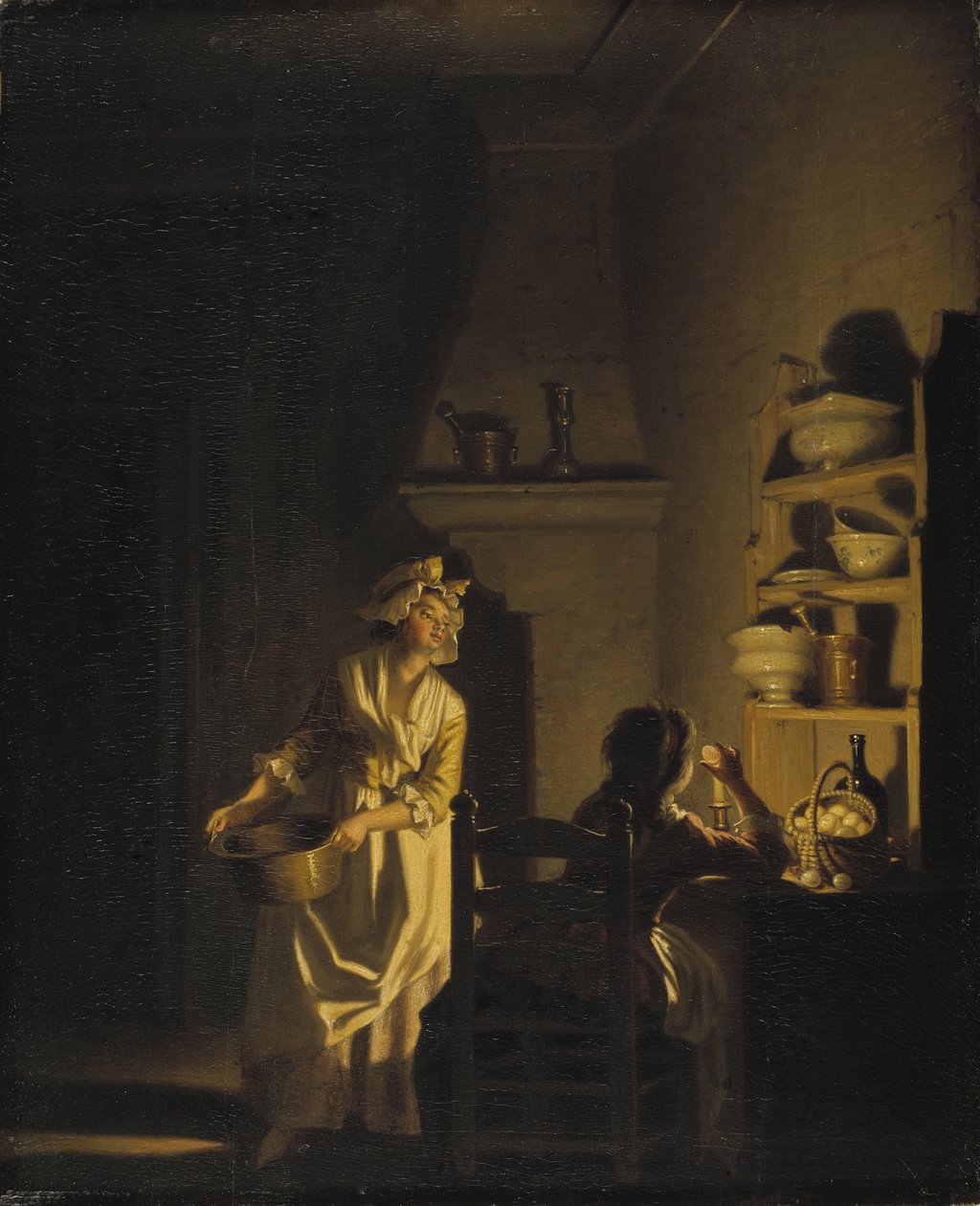 Le test des oeufs, interieur de cuisine - Testing Eggs. Egy konyha belseje, Hillestrom, Pehr (1732-1816). Olaj, fa. Mérete: 39x32 cm. Nemzeti Múzeum Stockholm alkotó: Pehr Hilleström