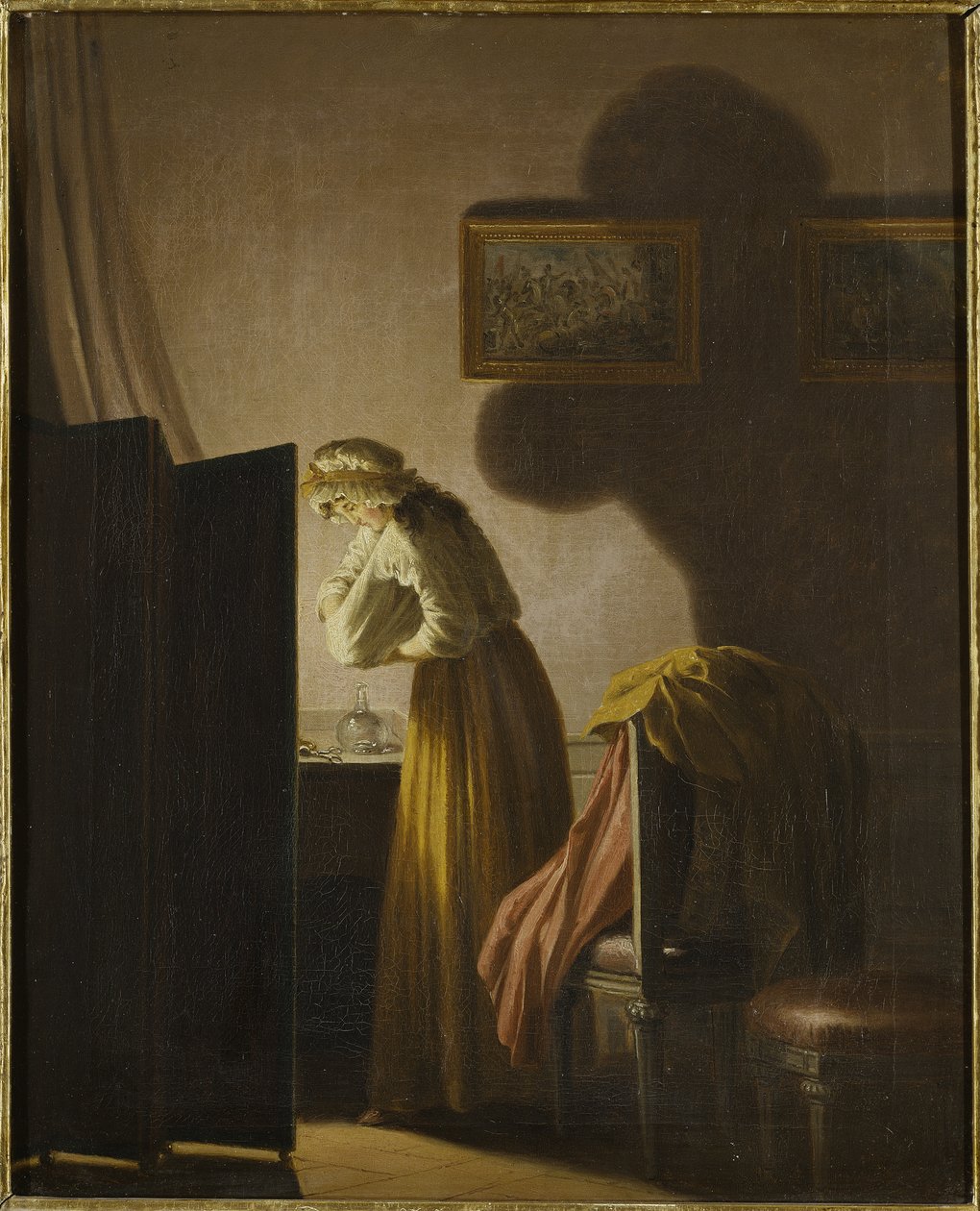 Une femme attrapant des puces a la lumiere de la bougie – Egy nő, aki gyertyafényben bolhákat fog el, szerző: Hillestrom, Pehr (1732-1816). Olajfestmény. Mérete: 51,5x42,5 cm. Nemzeti Múzeum Stockholm alkotó: Pehr Hilleström