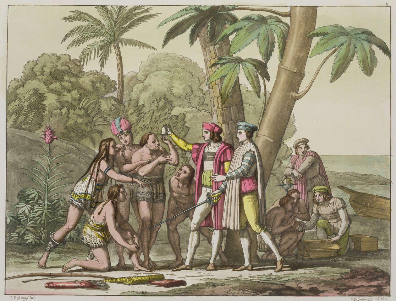 Kolumbusz Kristóf (1451-1506) indiánokkal, a „Le Costume Ancien et Moderne” I. kötet 4. táblájából, Jules Ferrario, metszett D.K. Bonatti, 1820-30-as évek (akvatinta) alkotó: Pelagio Palagi