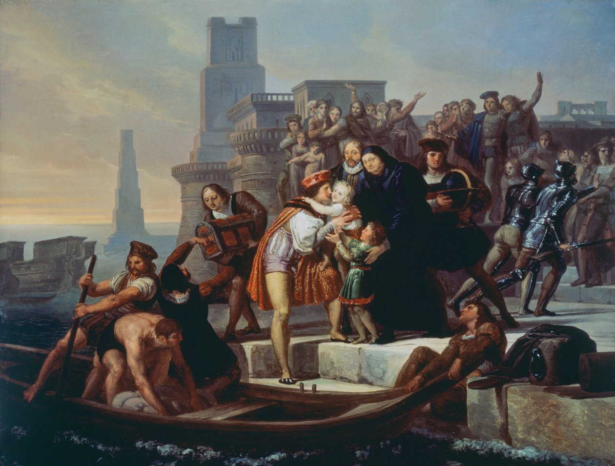 Kolumbusz Kristóf elhagyja Palos de la Frontera kikötőjét, és fiait Giovanni Perez atyának ajánlja (1492) alkotó: Pelagio Palagi