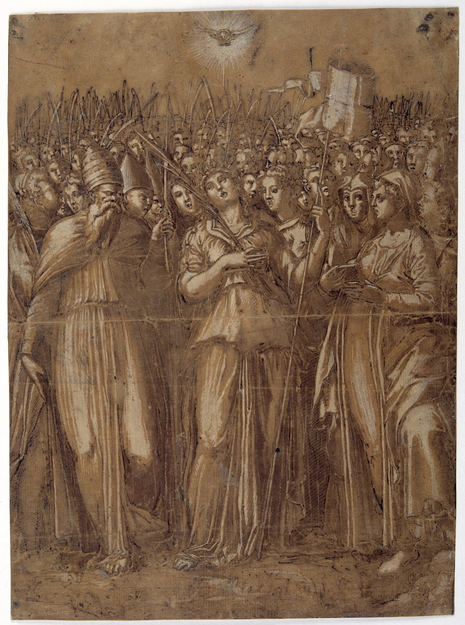 Szent Orsolya a mártírhalált halt szüzekkel (toll és barna tinta fehér testszínnel, barnára mosott papíron) alkotó: Pellegrino (c.1460 1523) Aretusi