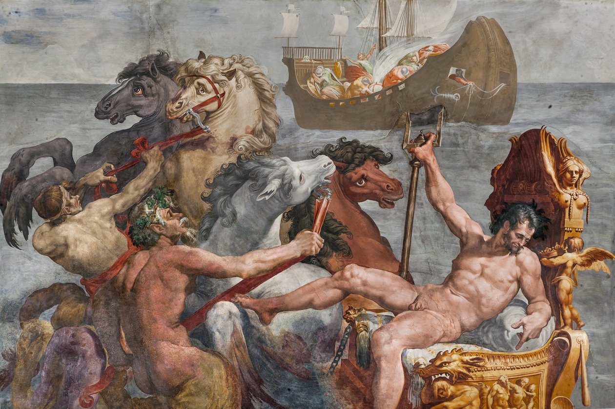 A Neptunusz és az Ulysses hajója, részlet a Polyphemus szobájából alkotó: Pellegrino Tibaldi