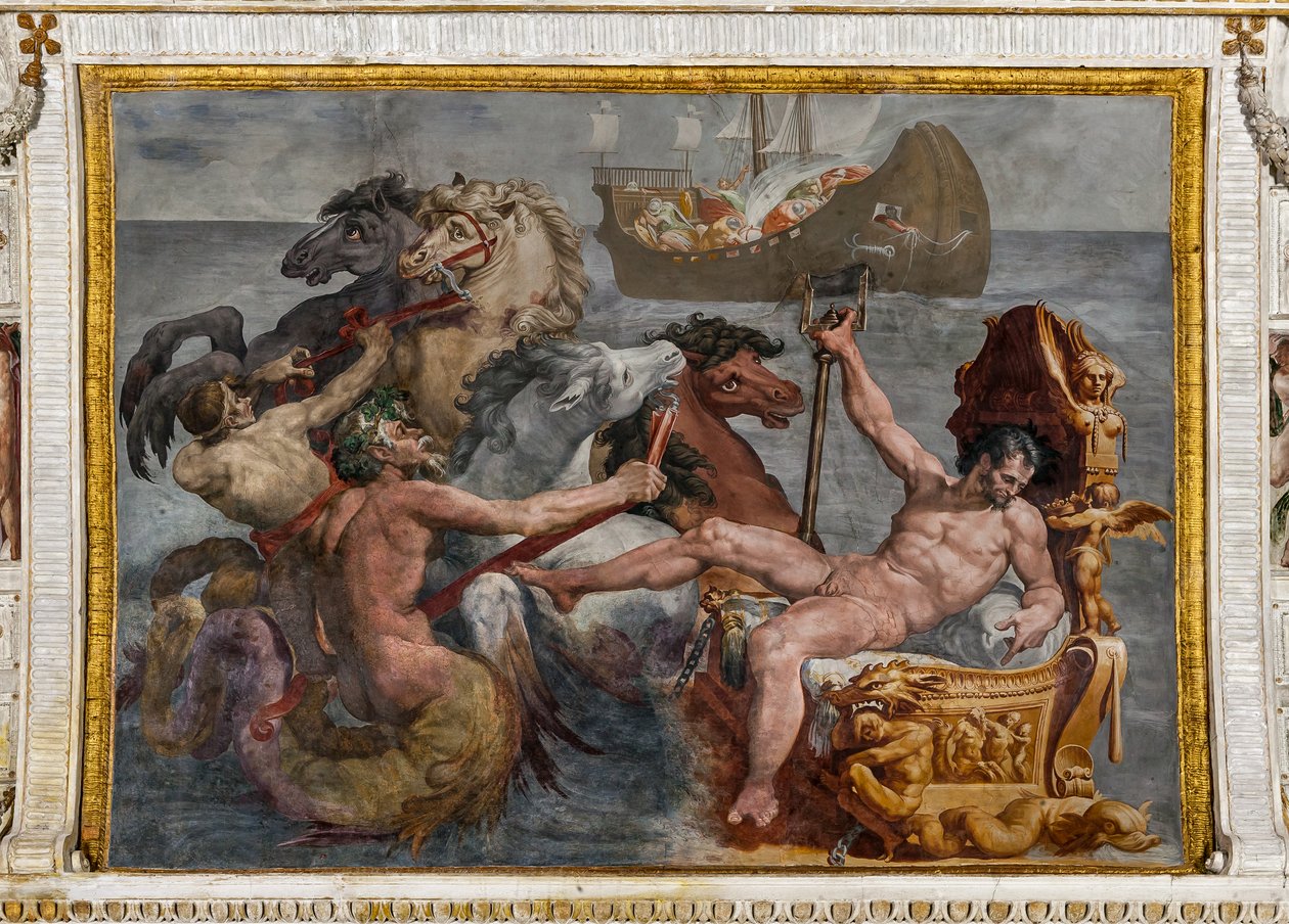 Neptunusz és Ulysses hajója, részlet a Polyphemus szobájából alkotó: Pellegrino Tibaldi