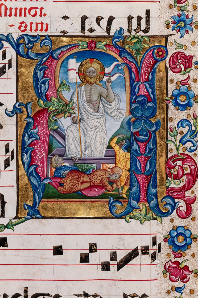 Piccolomini Könyvtár: kóruskönyv, cod. 101,7, ff. 14r „Krisztus feltámadásával”, Pellegrino di Mariano. Részlet. alkotó: Pellegrino di Mariano