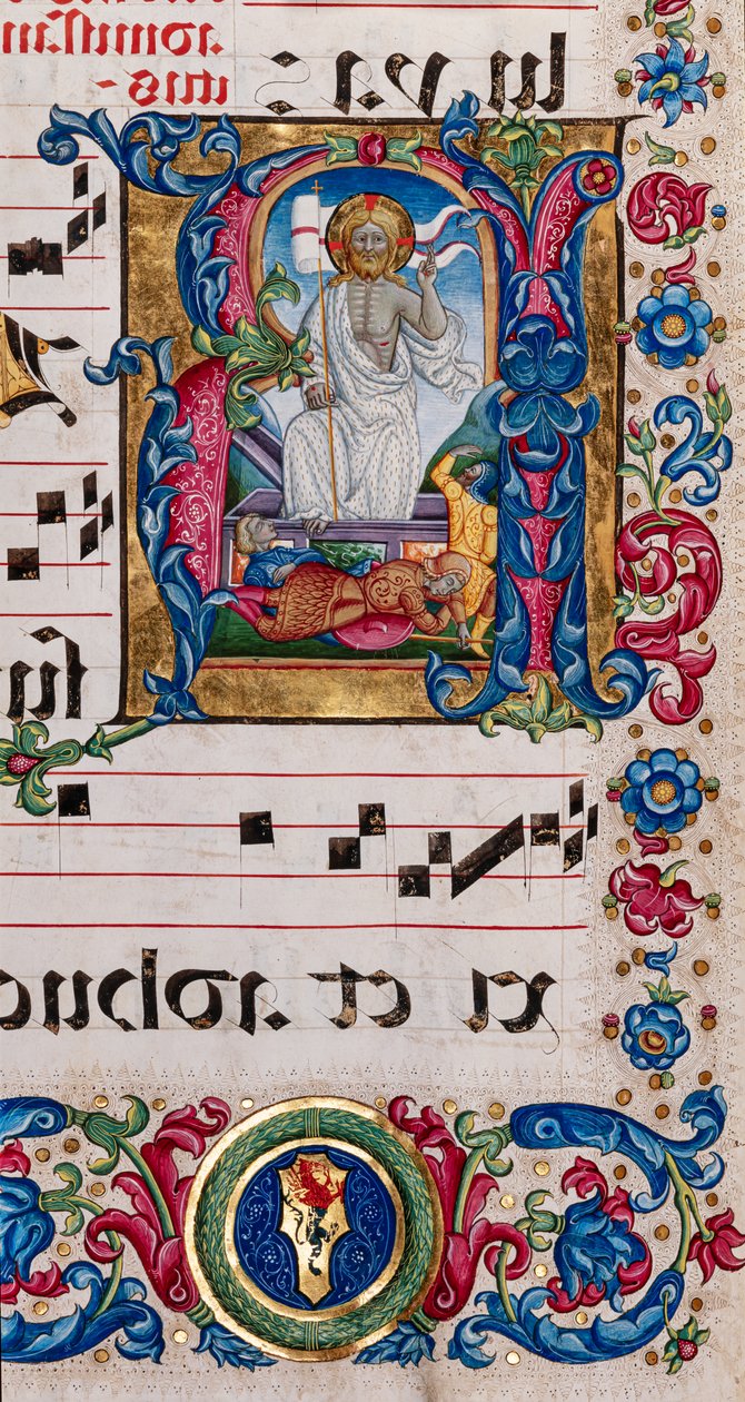 Piccolomini Könyvtár: kóruskönyv, cod. 101,7, ff. 14r „Krisztus feltámadásával”, Pellegrino di Mariano. alkotó: Pellegrino di Mariano