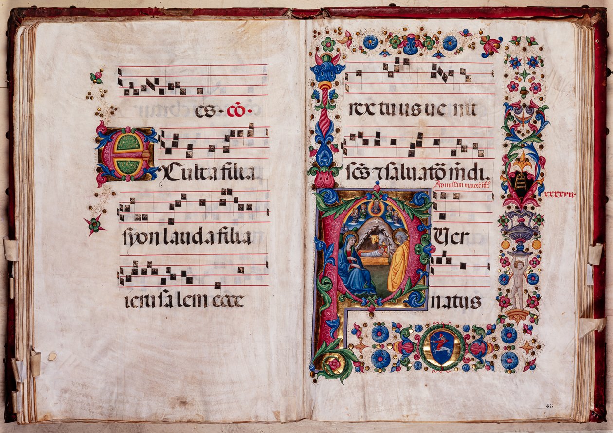 Piccolomini Könyvtár: kóruskönyv, cod. 102,8, ff. 47v-48r „Nativity”-vel, Pellegrino di Mariano. alkotó: Pellegrino di Mariano