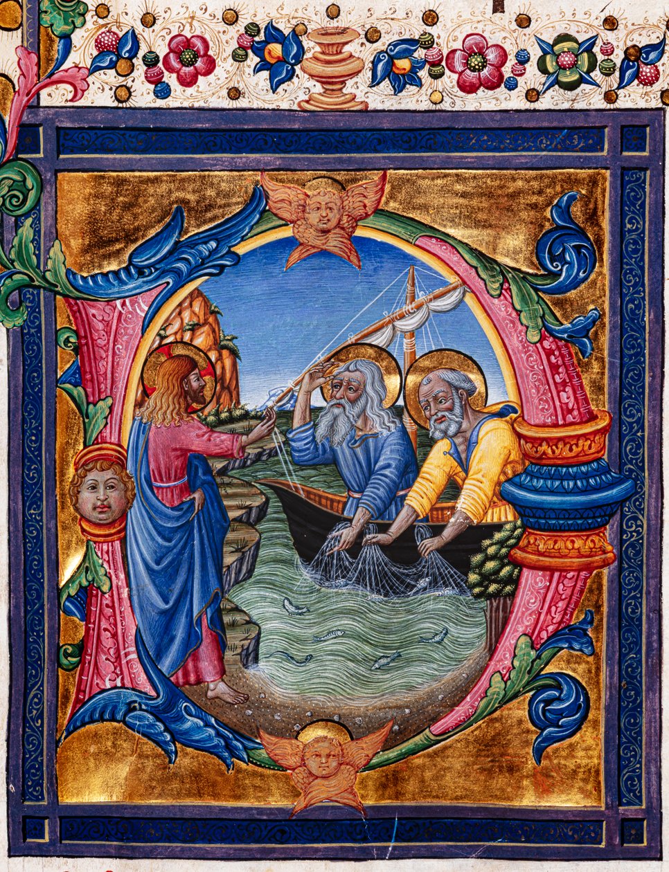 Piccolomini Könyvtár: kóruskönyv, cod. 11.M, ff. 4r „Szent Péter és Szent András elhívásával”, Pellegrino di Mariano. Részlet. alkotó: Pellegrino di Mariano