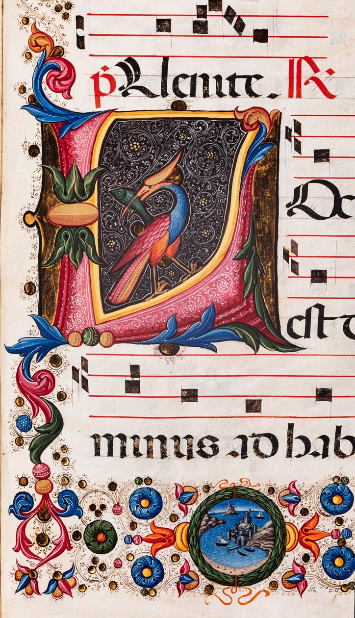 Piccolomini Könyvtár: kóruskönyv, cod. 5.E, ff. 63r „Foliated iniciálával”, Pellegrino di Mariano. Részlet. alkotó: Pellegrino di Mariano