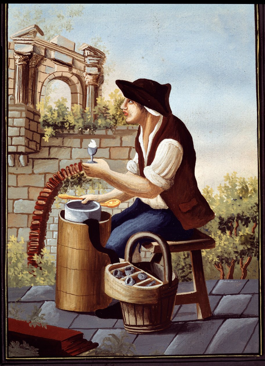 Nápolyi népszokások: fagylalt (Gelato, Gelati) és sétáló sorbet árusítója. Detrempe de Pelliccia (XIX. század) Nápolyi Nemzeti Múzeum, San Martino alkotó: Pelliccia