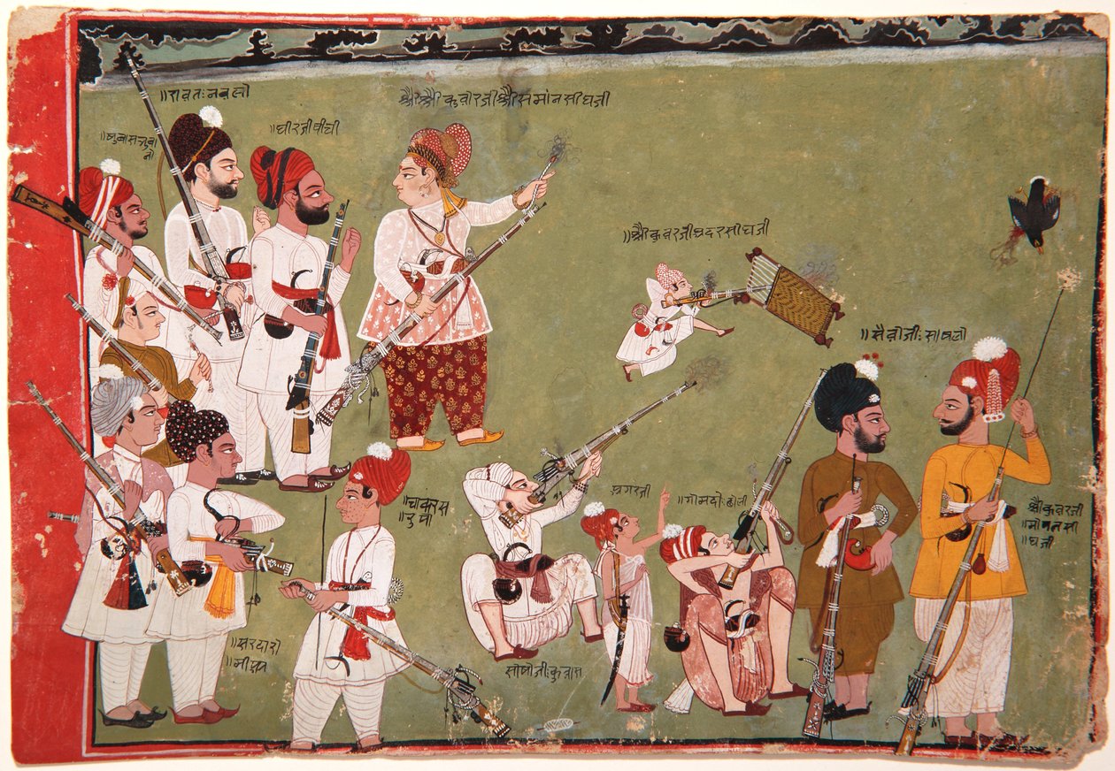 Adar Singh és Saman Singh madarakra lő, 1790 körül (átlátszatlan wc és arany papíron) alkotó: Pemji