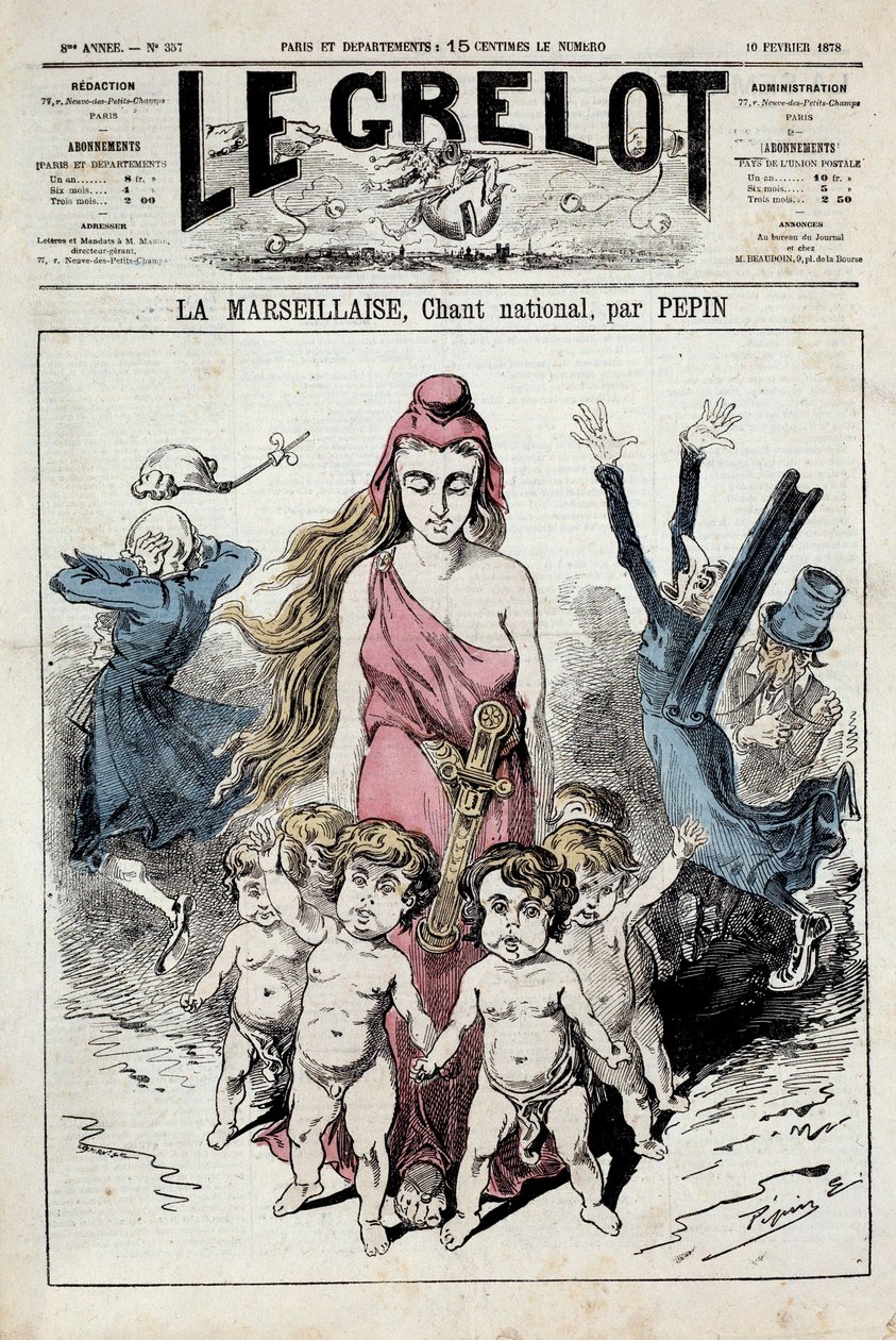 A „La Marseillaise”” nemzeti himnusz allegóriáját jelképező „” A harang” egyike halad előre, miközben a nemesek menekülés közben bedugják a fülüket. Illusztráció: Pepin. 1878.10.02. Magángyűjtemény alkotó: Pepin