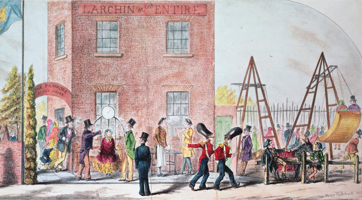 Vásár (hinták) a Primrose Tavernben, Chalk Farm (nyomtatott) alkotó: Percy Cruikshank