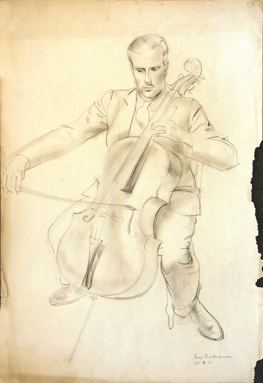 Arthur Kemp portréja csellón, 1935 (ceruza és kréta papíron) alkotó: Percy Shakespeare