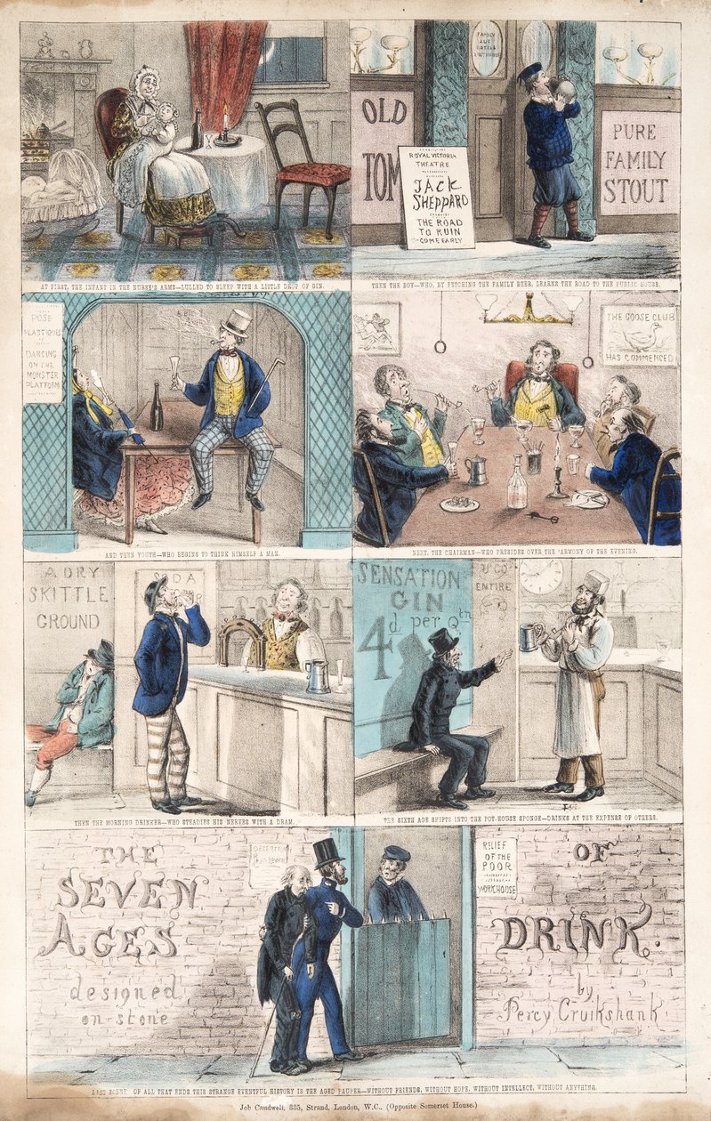 The Seven Ages of Drink, pub.c. 1872 (kézzel színezett metszet) alkotó: Percy Cruikshank