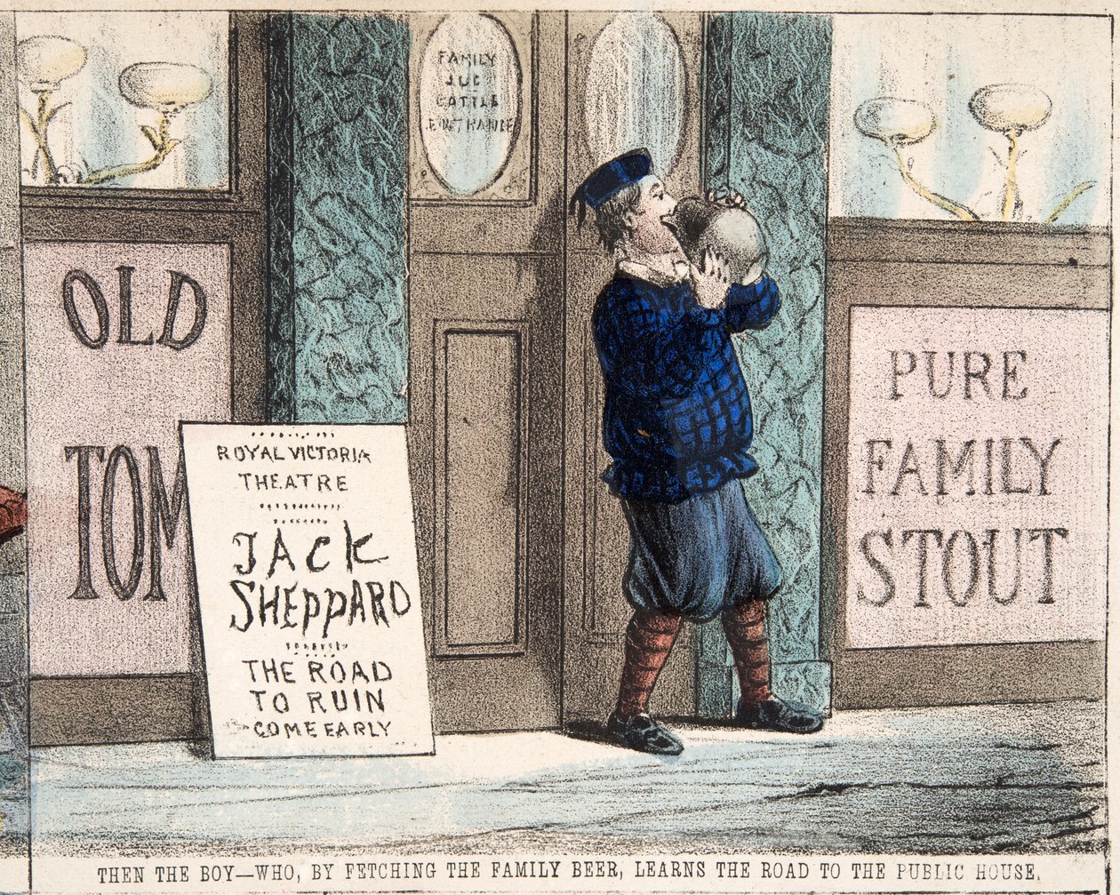 "A fiú - aki a családi sör elhozásával megtanulja az utat a Népházhoz, 1872-es pub.c. (kézzel színezett metszet) alkotó: Percy Cruikshank