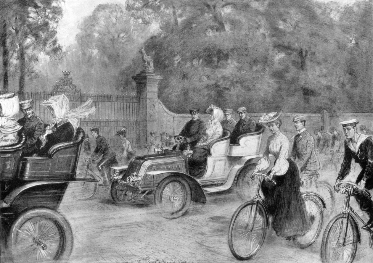 Motorok és kerékpárok a londoni Kensington High Streeten, 1903 alkotó: Percy F.S. Spence