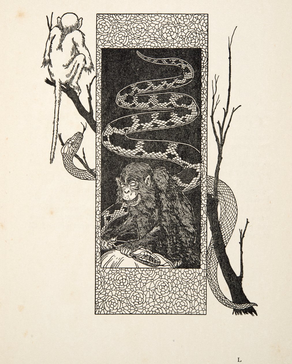 Monkey versus Snake, az Állatok száz anekdotájából, pub. 1924 alkotó: Percy J. Billingshurst