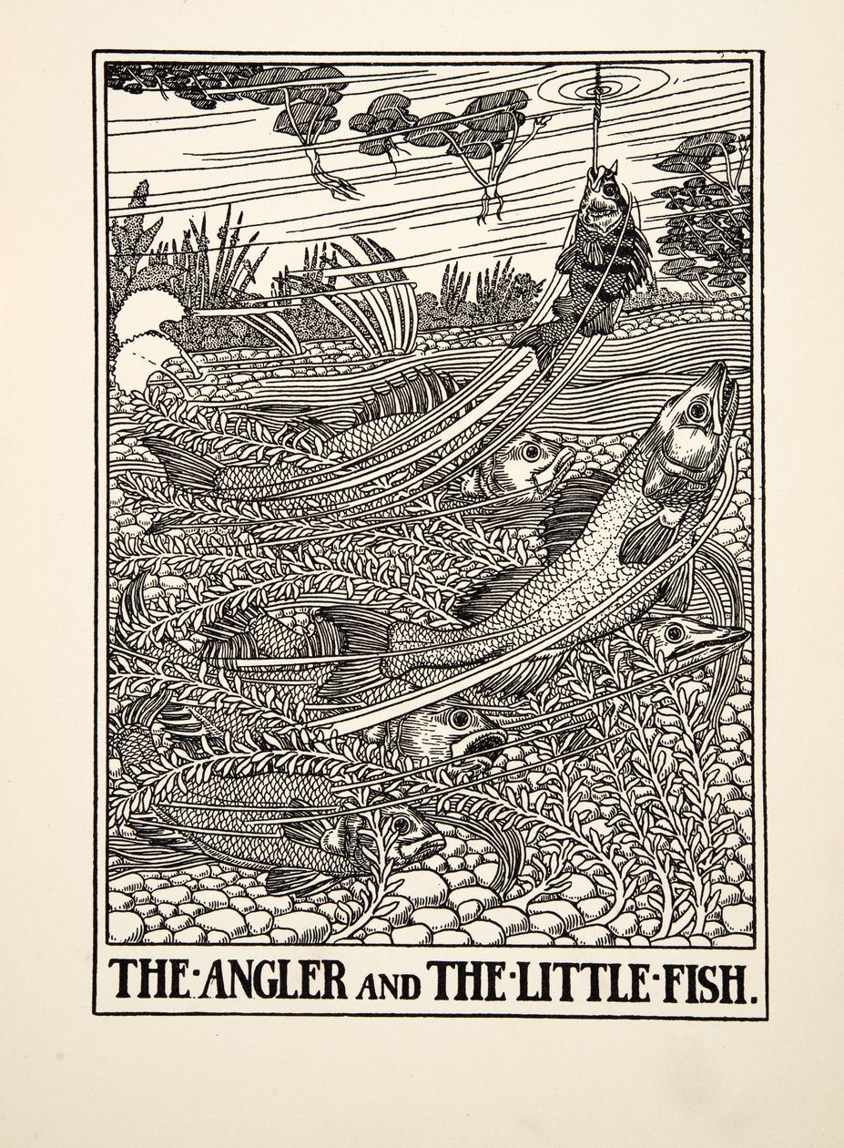 A horgász és a hal, Aesopus száz meséjéből, pub.1903 (metszet) alkotó: Percy J. Billingshurst