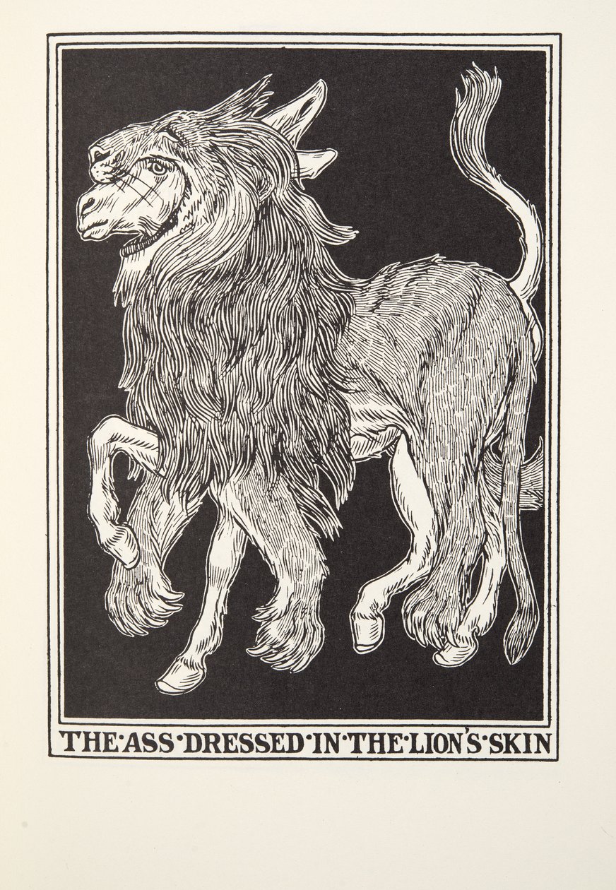 Az oroszlánbőrbe öltözött szamár a Fontaine Fables-től, pub. 1905 alkotó: Percy J. Billingshurst