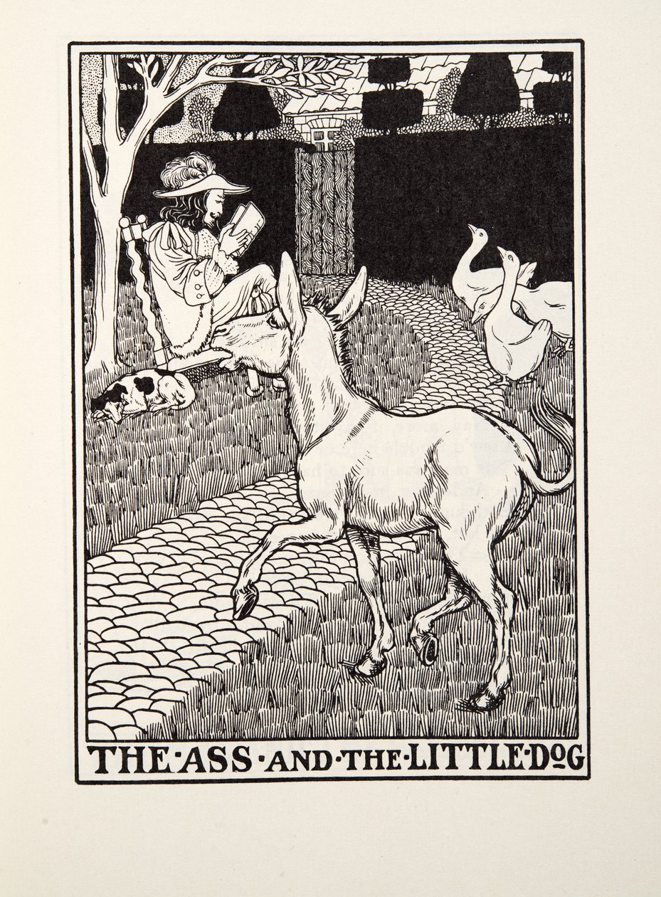 A szamár és a kiskutya, a Fontaine Fables-ből, pub. 1905 alkotó: Percy J. Billingshurst
