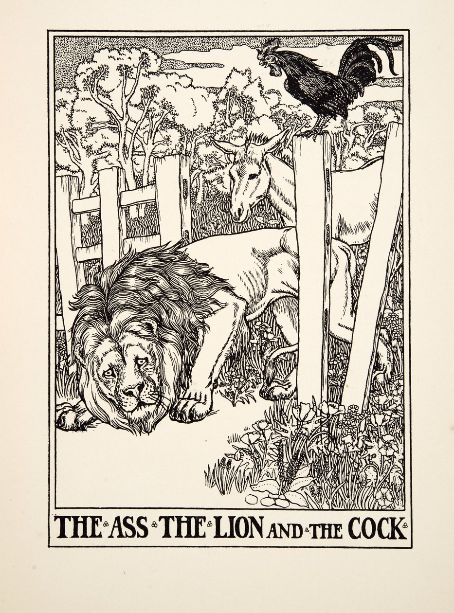 A szamár, az oroszlán és a kakas, A Hundred Fables of Aesopus, pub.1903 alkotó: Percy J. Billingshurst