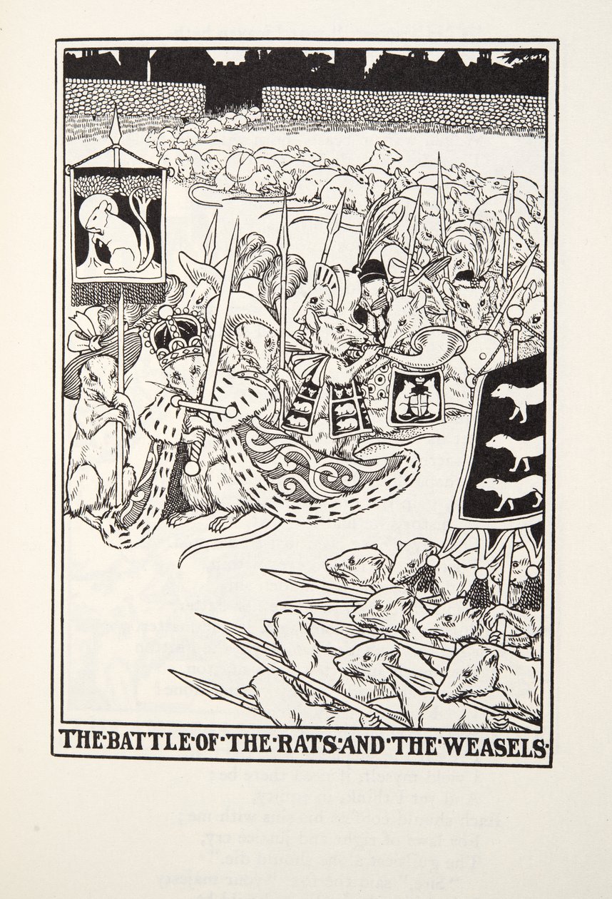 A patkányok és menyétek csatája, a Fontaine Fables-ből, pub. 1905 alkotó: Percy J. Billingshurst