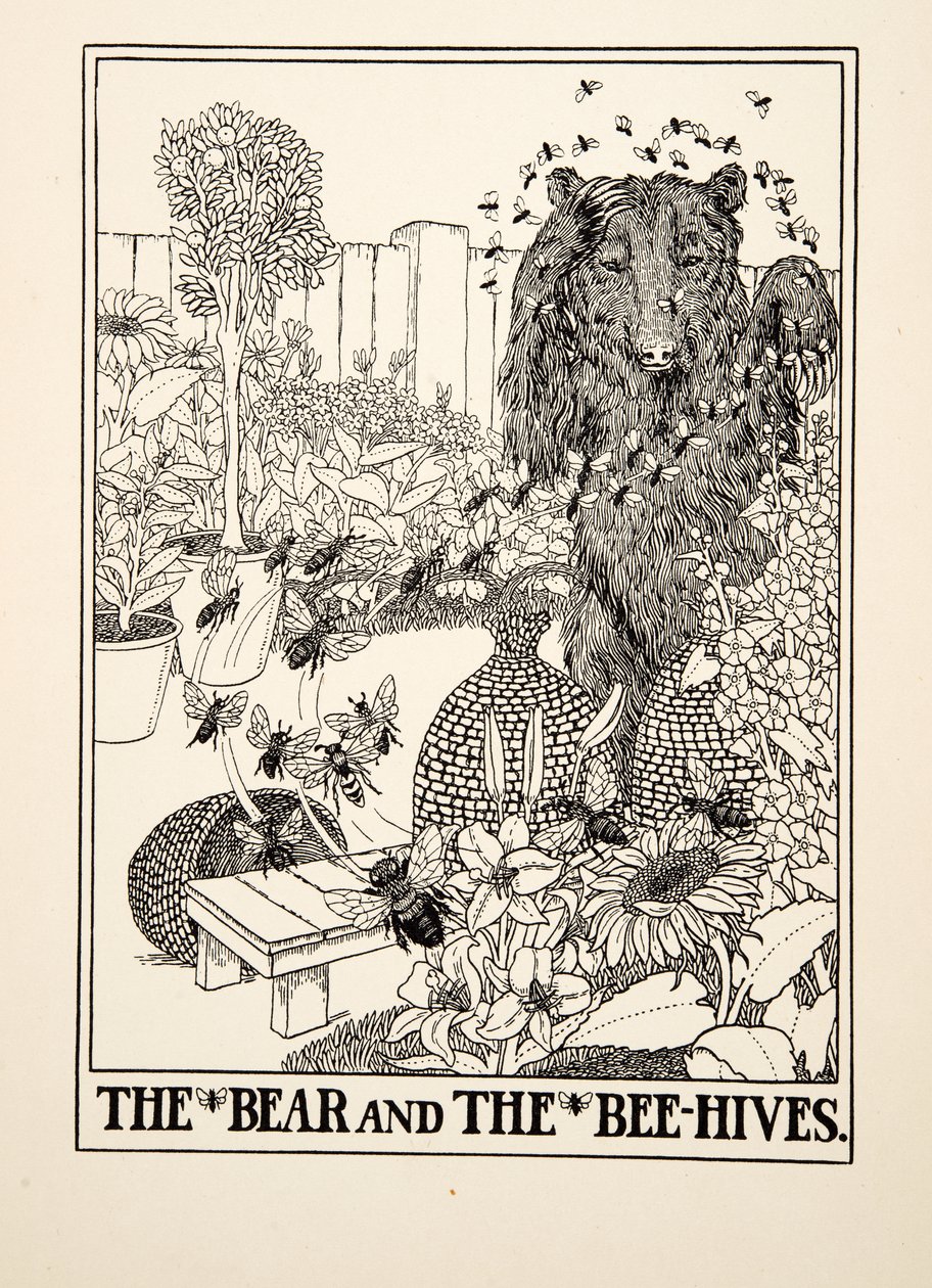 A Medve és a méhkasok, Aiszópus száz meséjéből, 1903. évi pub. (metszet) alkotó: Percy J. Billingshurst