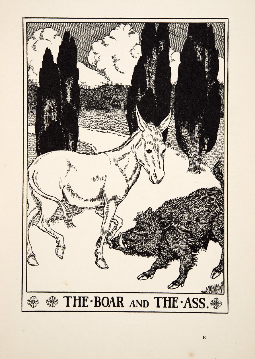 A vadkan és a szamár, A Hundred Fables of Aesopus, pub.1903 alkotó: Percy J. Billingshurst