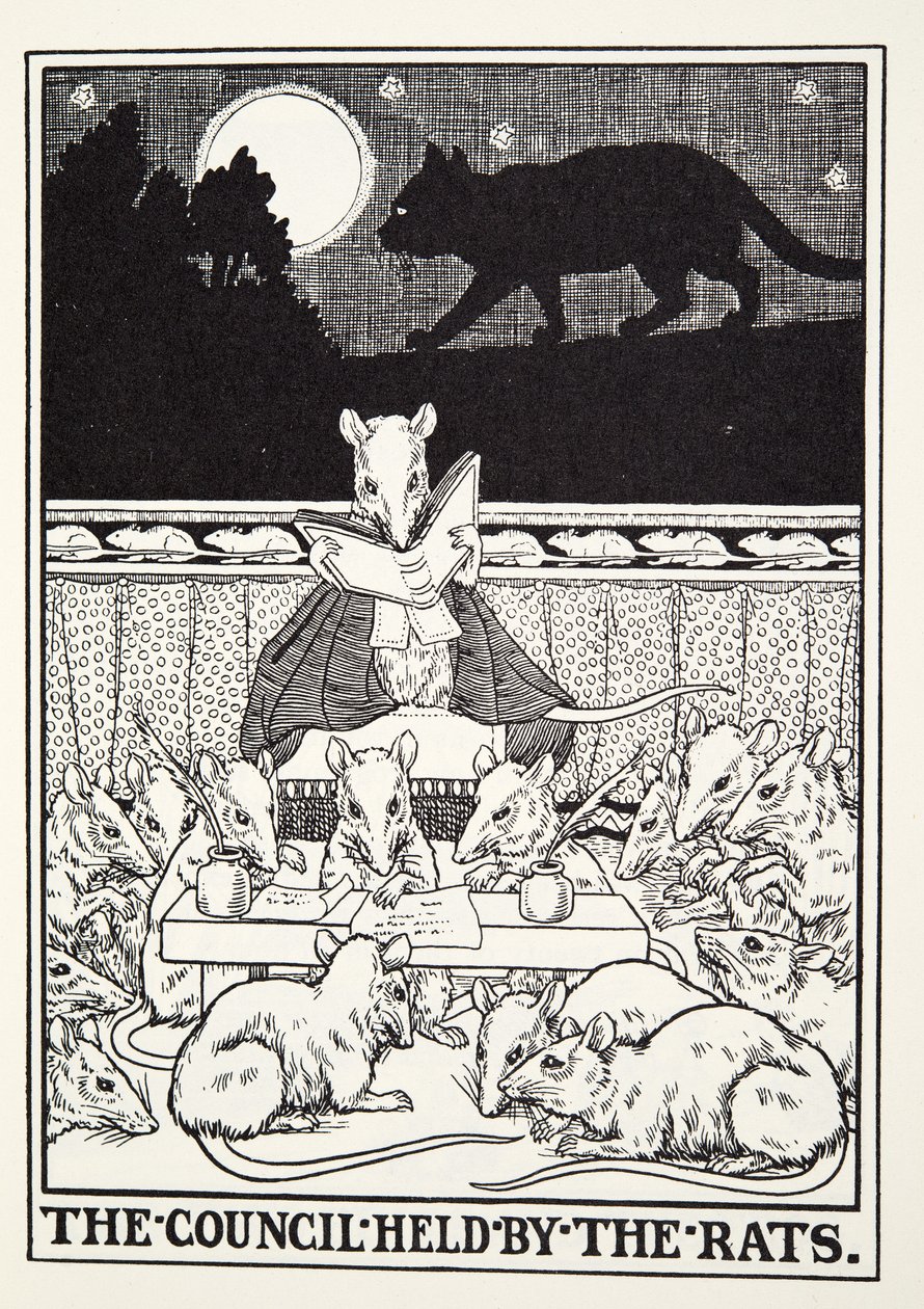 A Rats által tartott tanács, a Fontaine Fables-ből, pub. 1905 alkotó: Percy J. Billingshurst