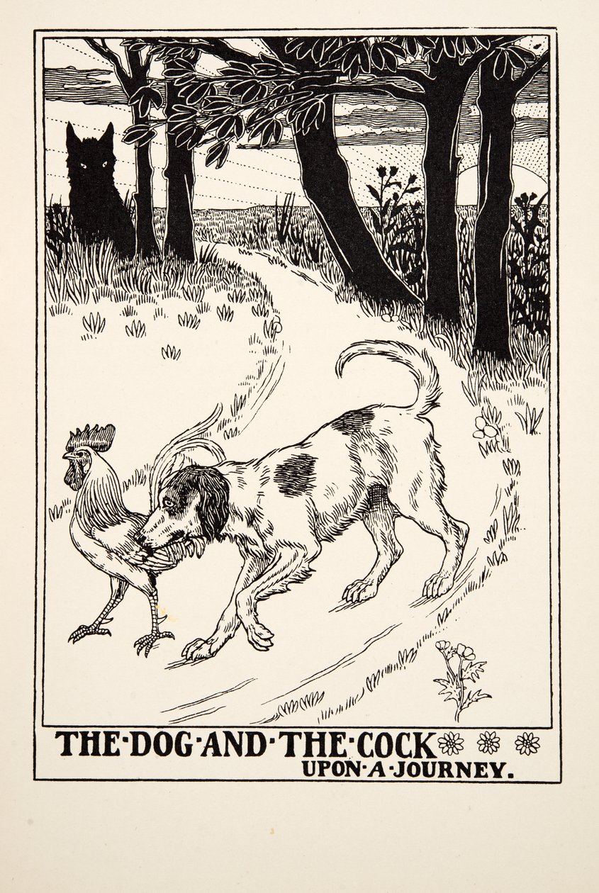 A kutya és a kakas utazás közben, A Hundred Fables of Aesopus, pub.1903 alkotó: Percy J. Billingshurst