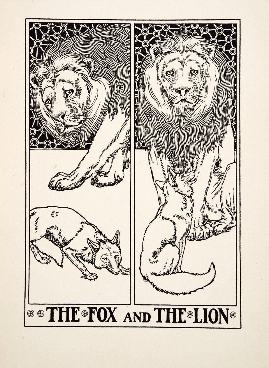 A róka és az oroszlán, A Hundred Fables of Aesopus, pub.1903 (metszet) alkotó: Percy J. Billingshurst