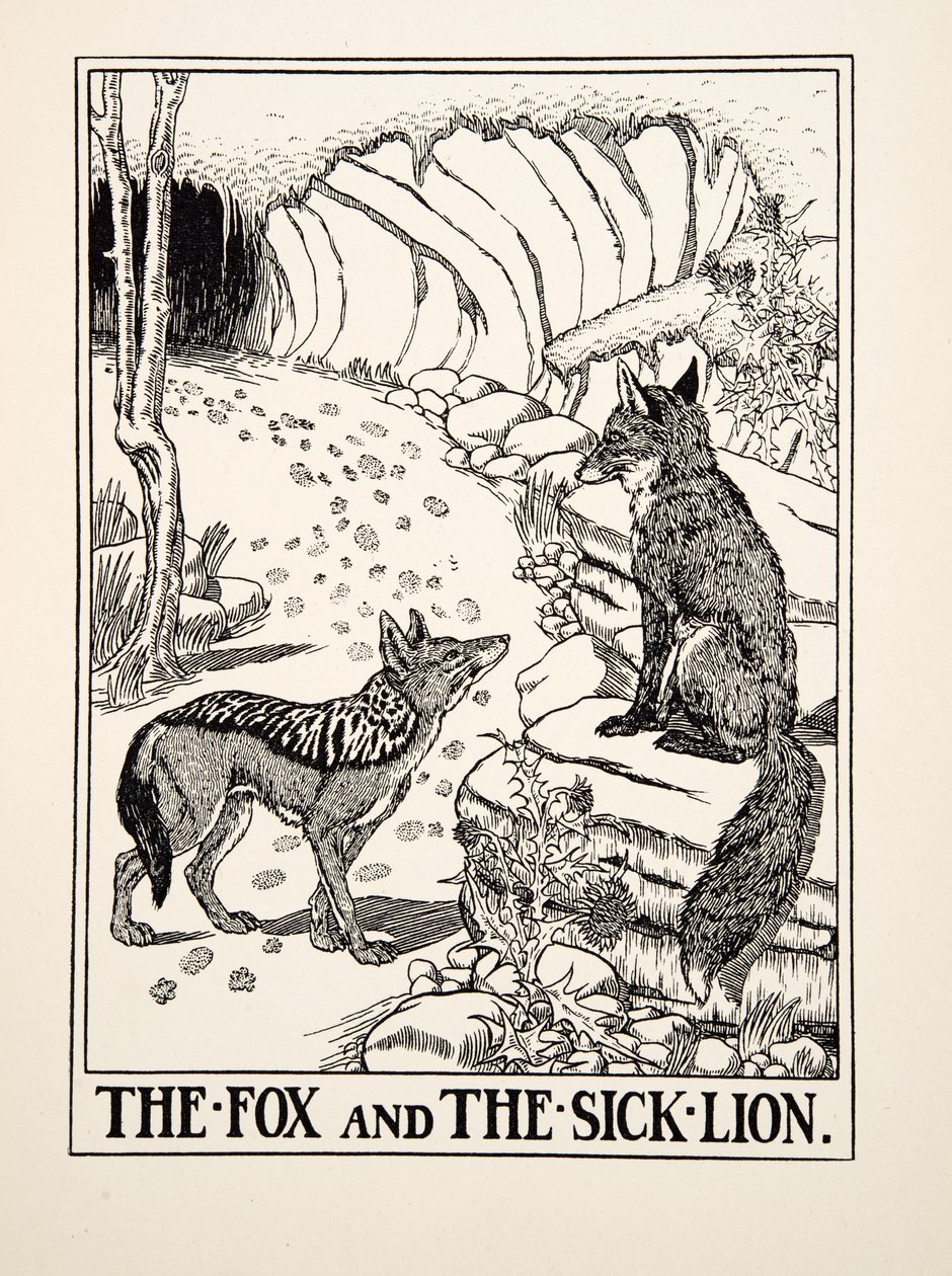 A róka és a beteg oroszlán, A Hundred Fables of Aesopus, Pub.1903 (metszet) alkotó: Percy J. Billingshurst