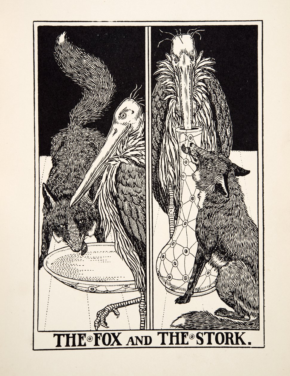 A róka és a gólya, A Hundred Fables of Aesopus, pub.1903 alkotó: Percy J. Billingshurst