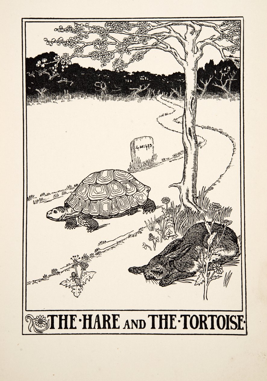 A nyúl és a teknősbéka, A Hundred Fables of Aesopus, pub.1903 alkotó: Percy J. Billingshurst