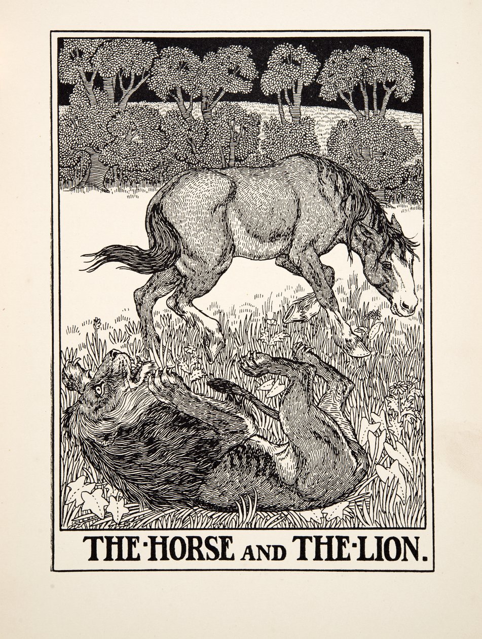 A ló és az oroszlán, A Hundred Fables of Aesopus, pub.1903 alkotó: Percy J. Billingshurst